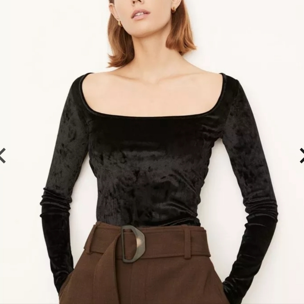 Vince Square Neck Plush Velour Fitted Long Sleeve Top Black Size Large